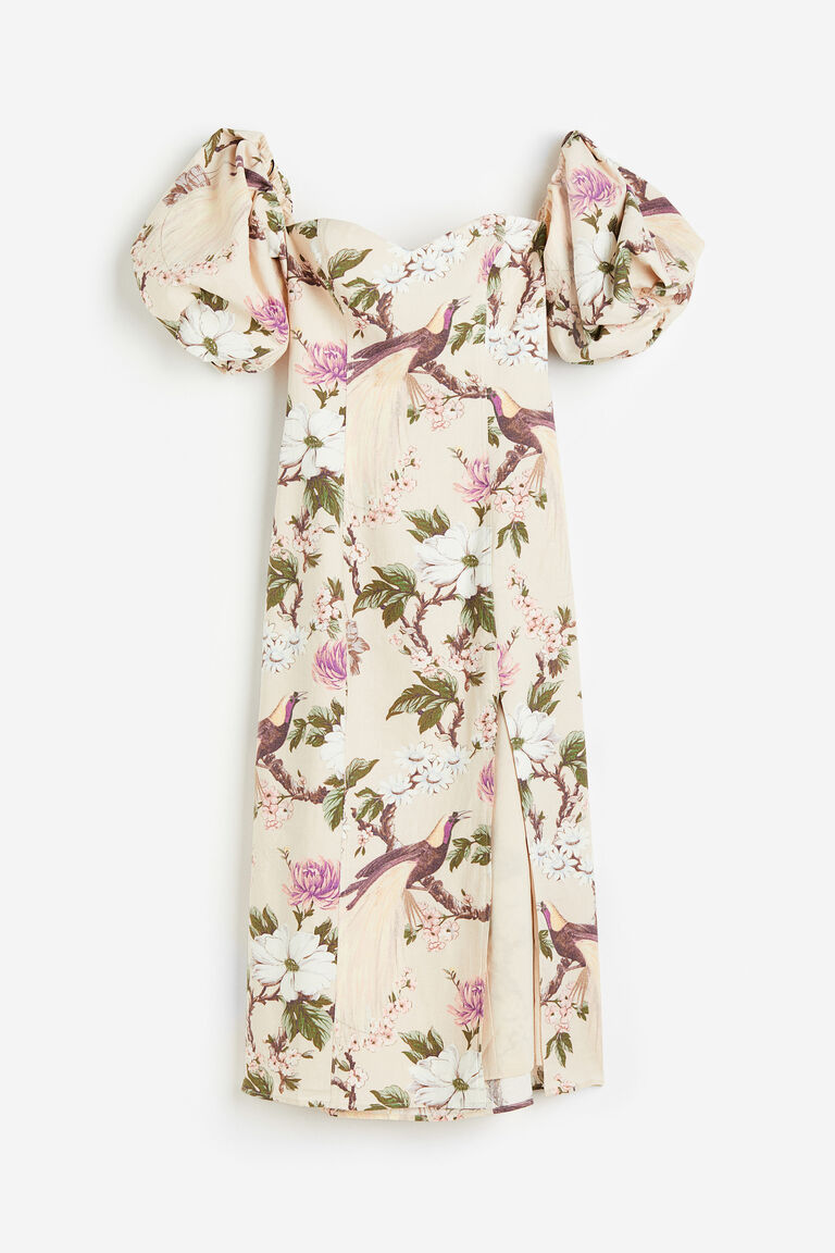 Two Way Puffed Sleeved Off Shoulder Gathered Chiffon Dress